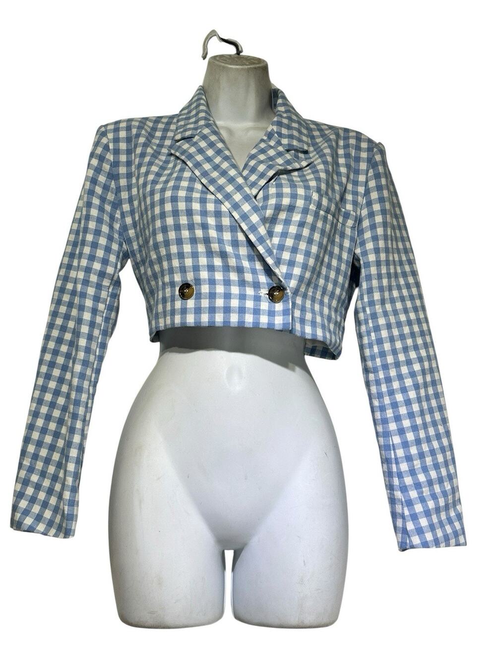 Johnny Becca Blue White Gingham Cropped Blazer Jacket Womens Small Cotton Blend